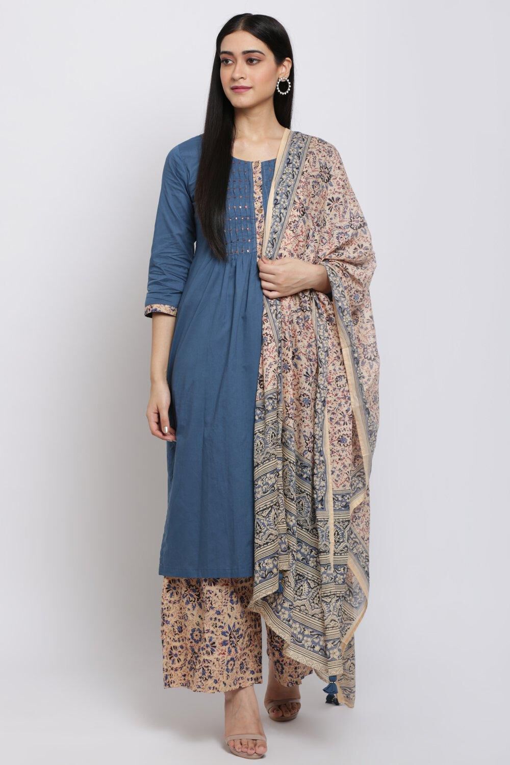 Blue Relaxed Kurta Palazzo Suit Set image number 2