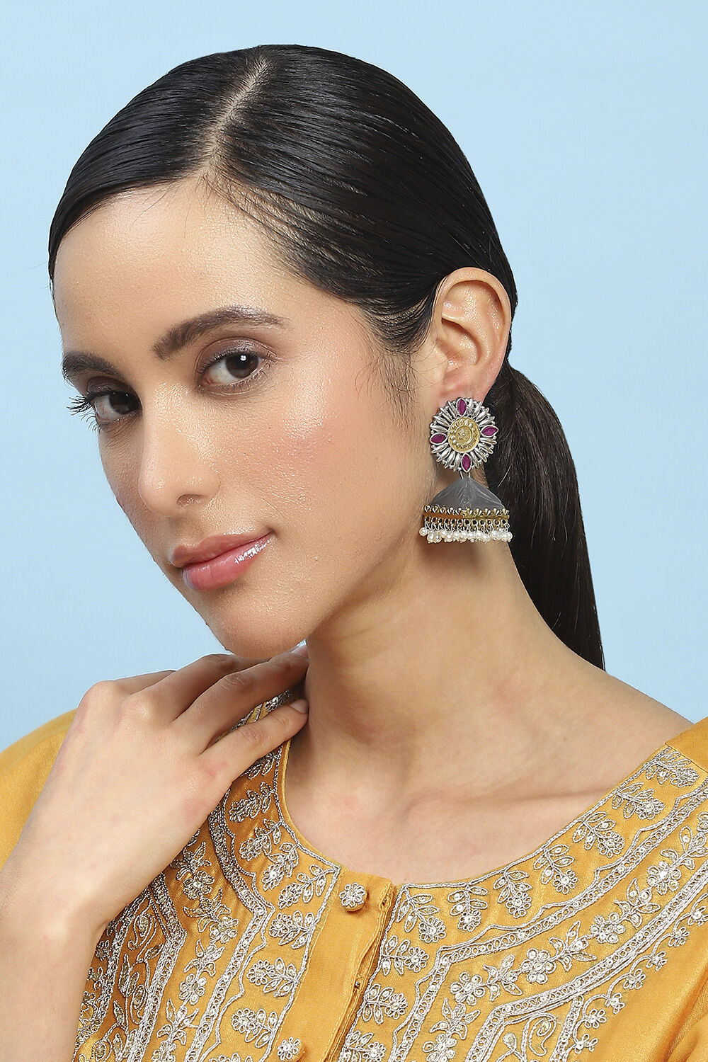 Pink Grey Brass Jhumka image number 3