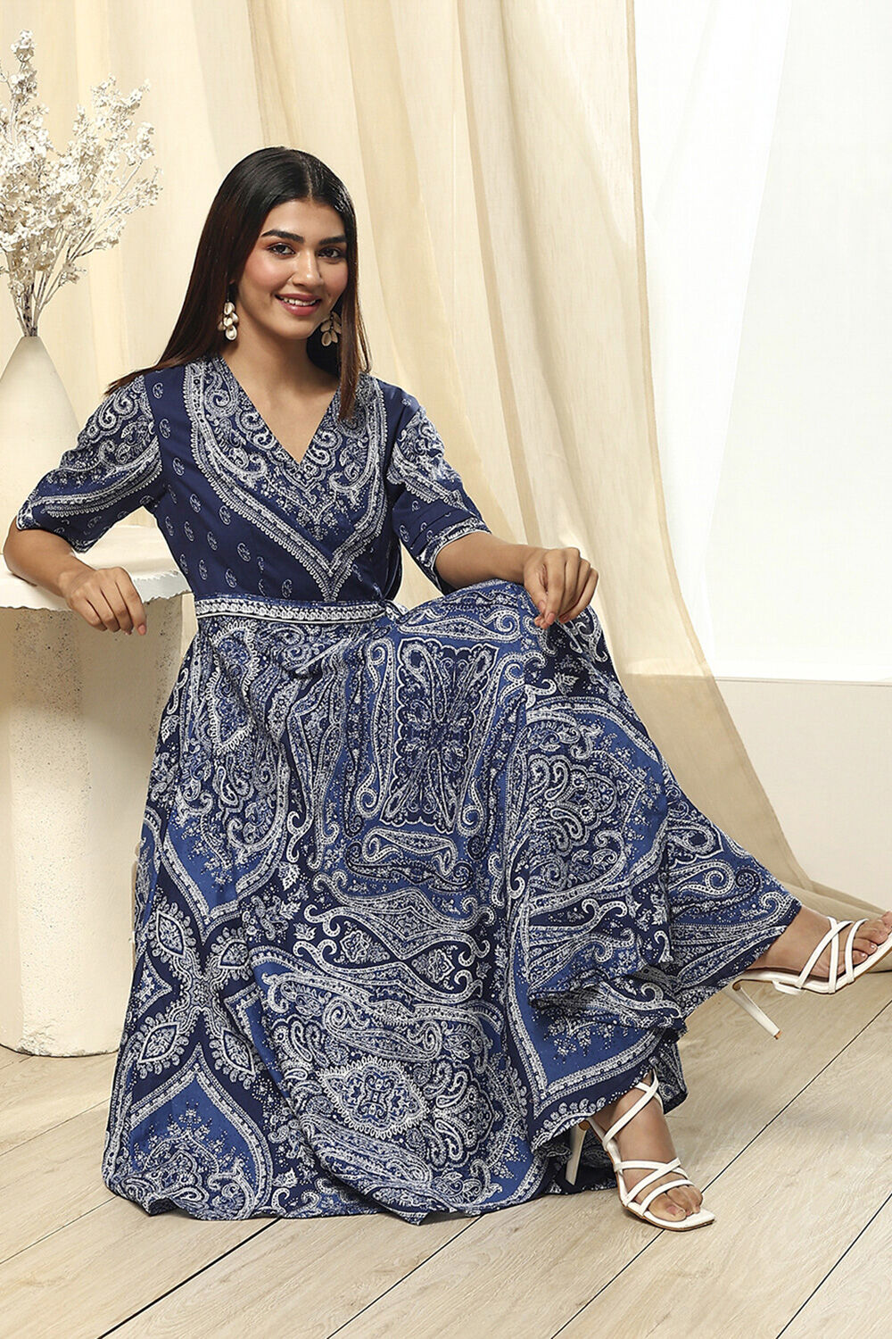 Indigo Cotton Printed Flared Wrap Dress image number 0