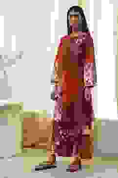 Rust Cotton Floral Straight Kurta Set image number 3