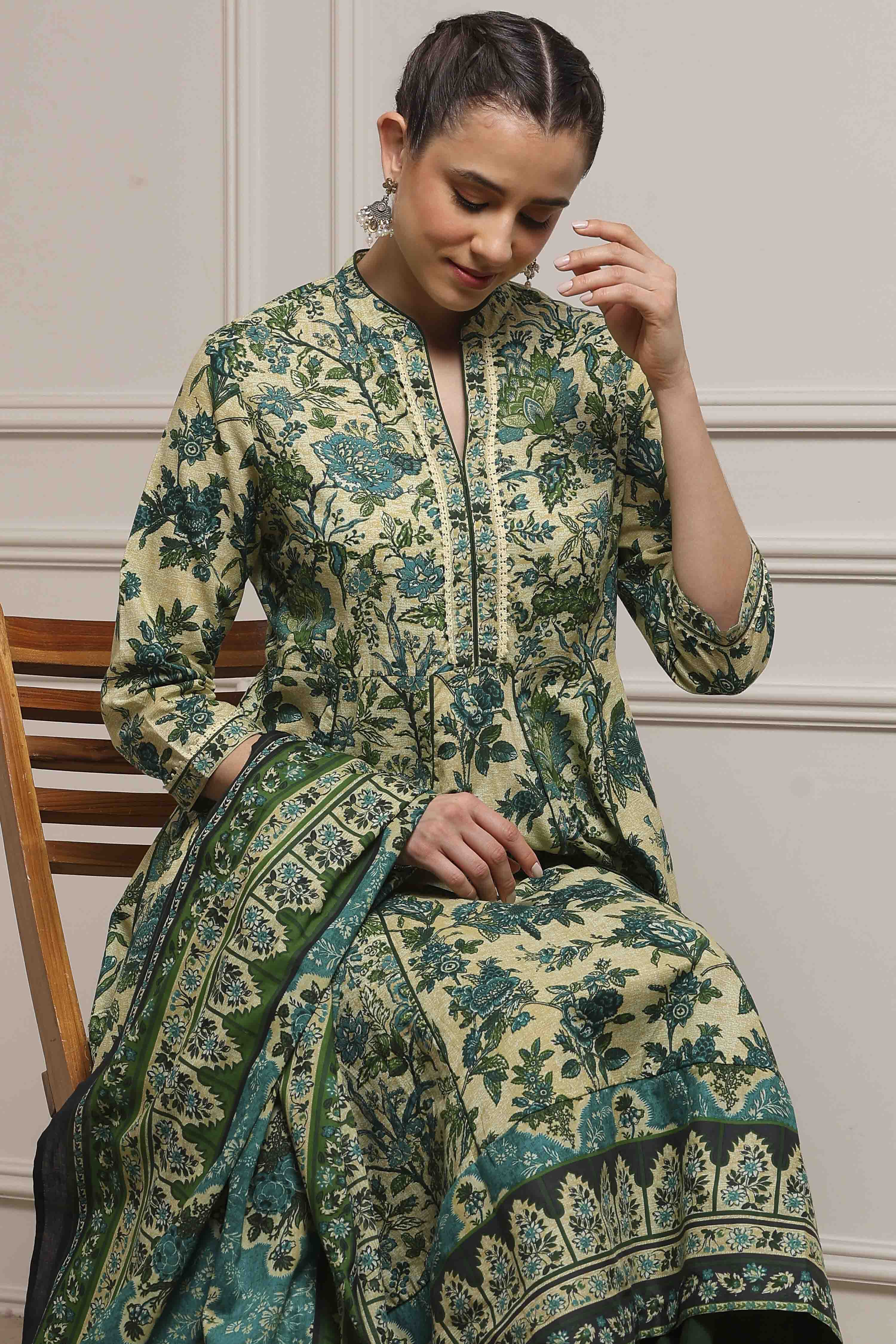Beige and Green Cotton Printed Anarkali Suit Set image number 6