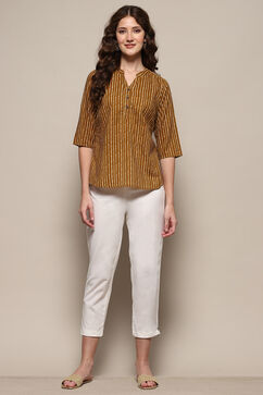 White Solid Cotton Blend Narrow Pants image number 0