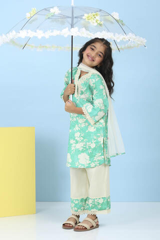 BIBA Green Cotton Printed Straight Suit Set in Green