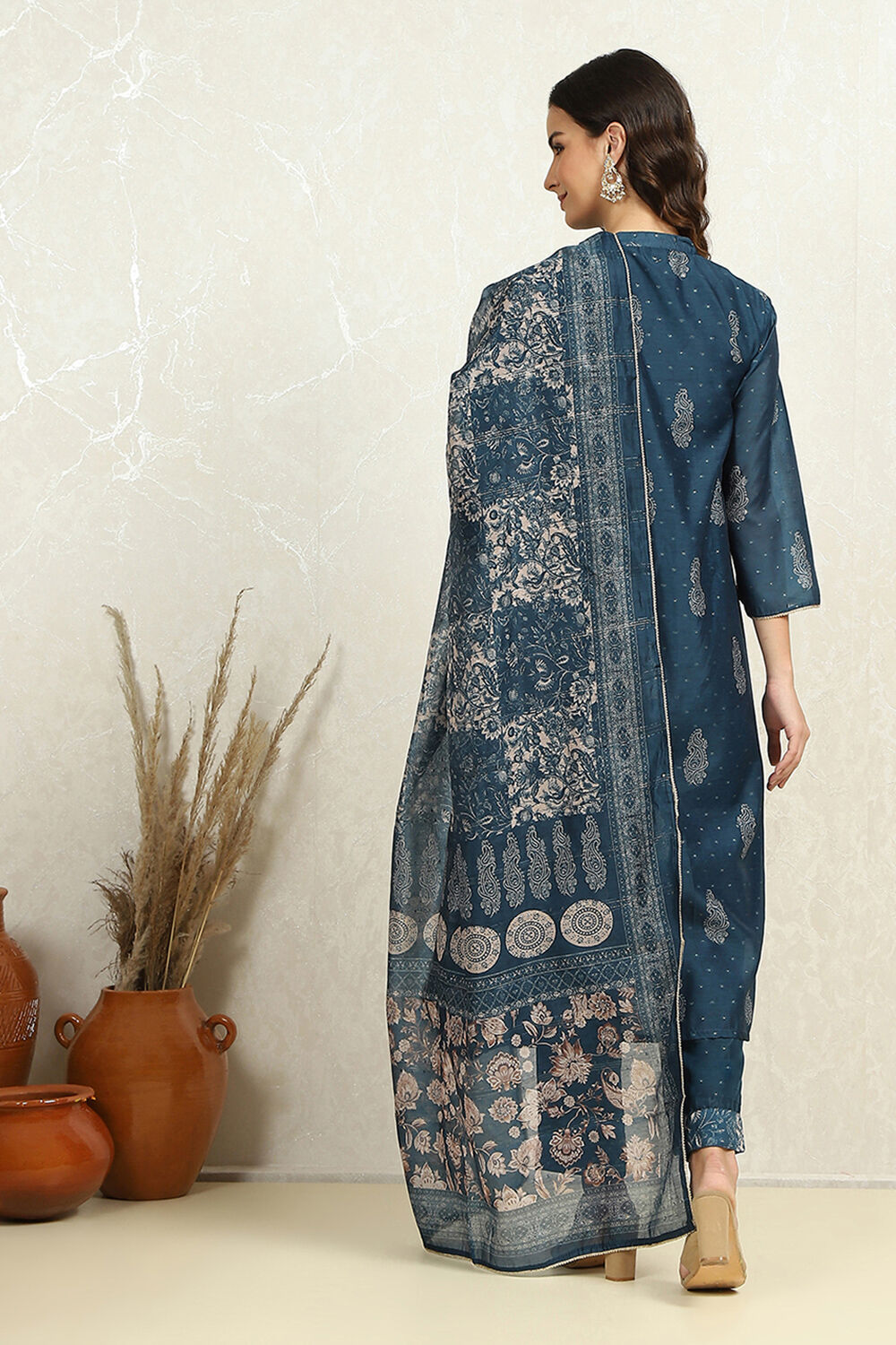 Beige Chanderi Printed Unstitched Suit Set image number 5