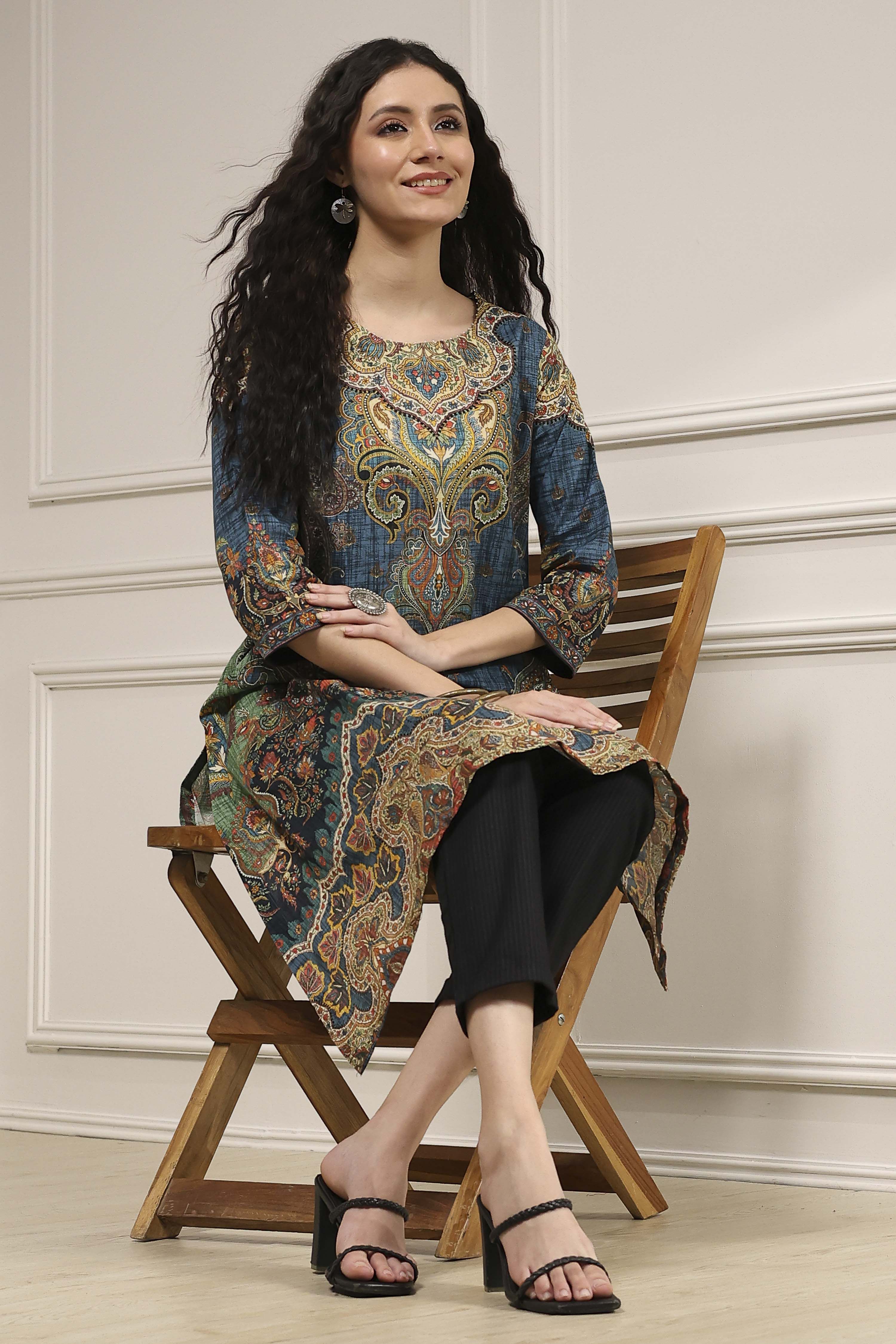 Blue Cotton Printed Straight Kurta image number 0