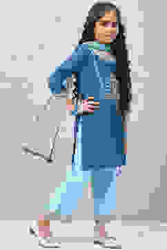 Marine Blue Art Silk Straight  Kurta Palazzo Suit Set image number 6