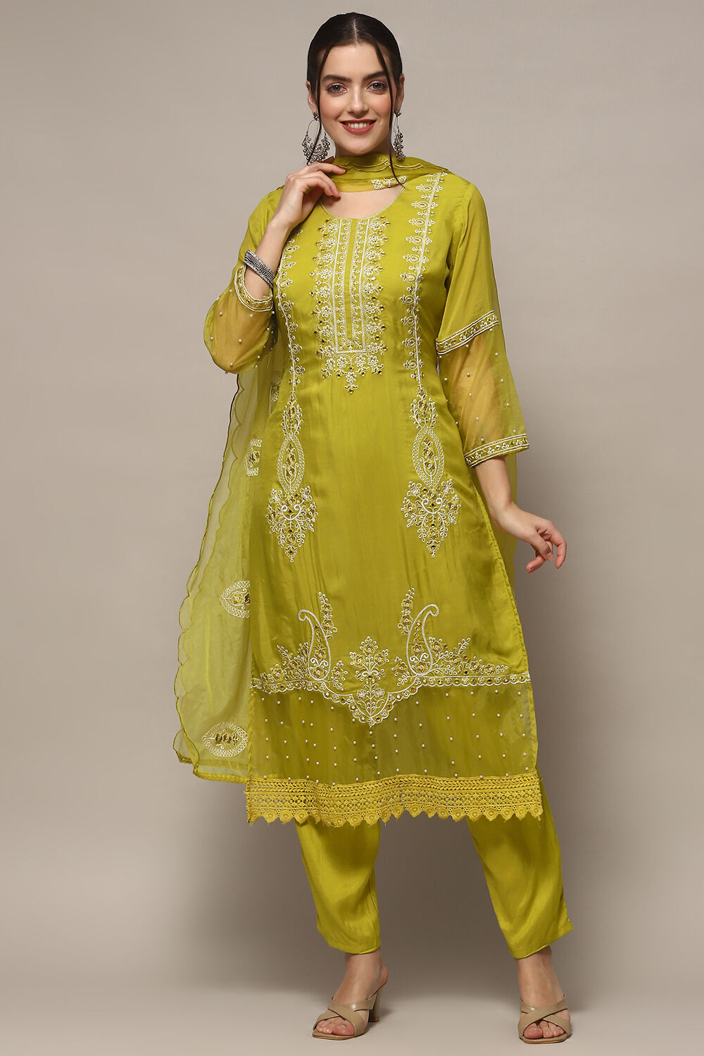 Lime Organza Unstitched Suit set image number 1