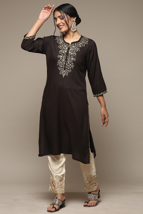 Brown Rayon Straight Kurta Pants Suit Set image number 0