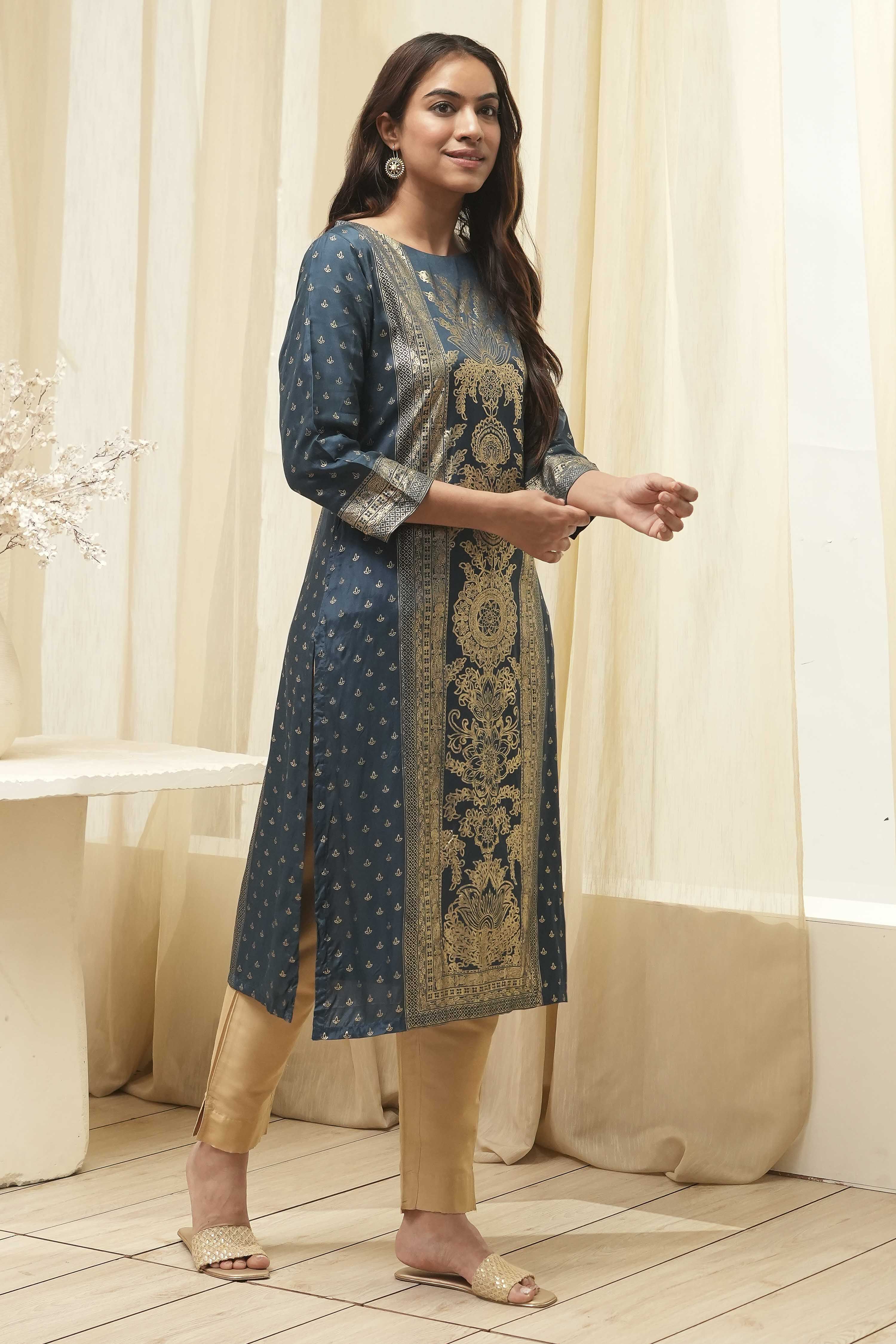 Indigo Rayon A-Line Printed Kurta image number 4