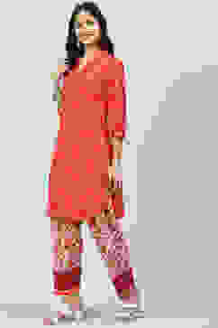 Red Cotton Straight Kurta Relaxed Salwar Suit Set image number 3