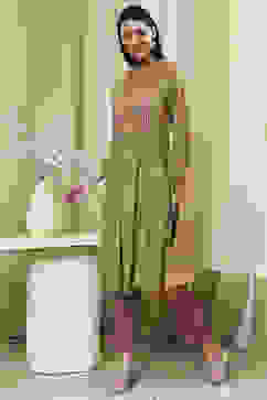 Light Green Solid Gathered Straight Suit Set image number 3