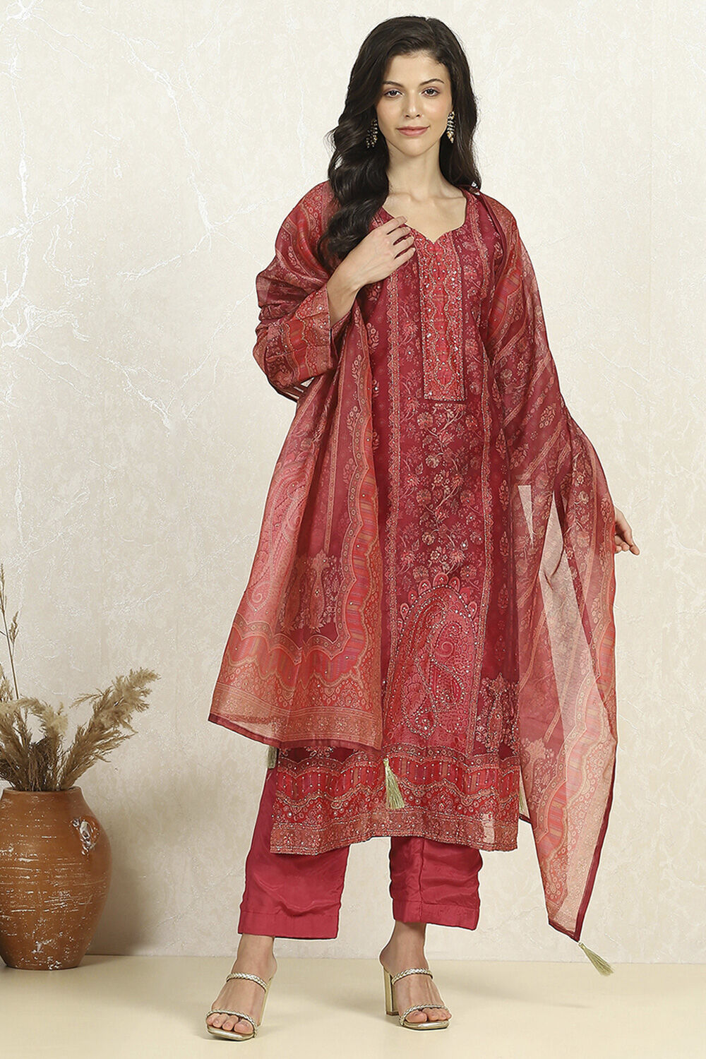 Teal Chanderi Unstitched Suit Set image number 1