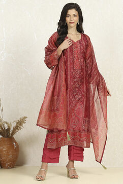 Green-Maroon Chanderi Unstitched Suit Set image number 1