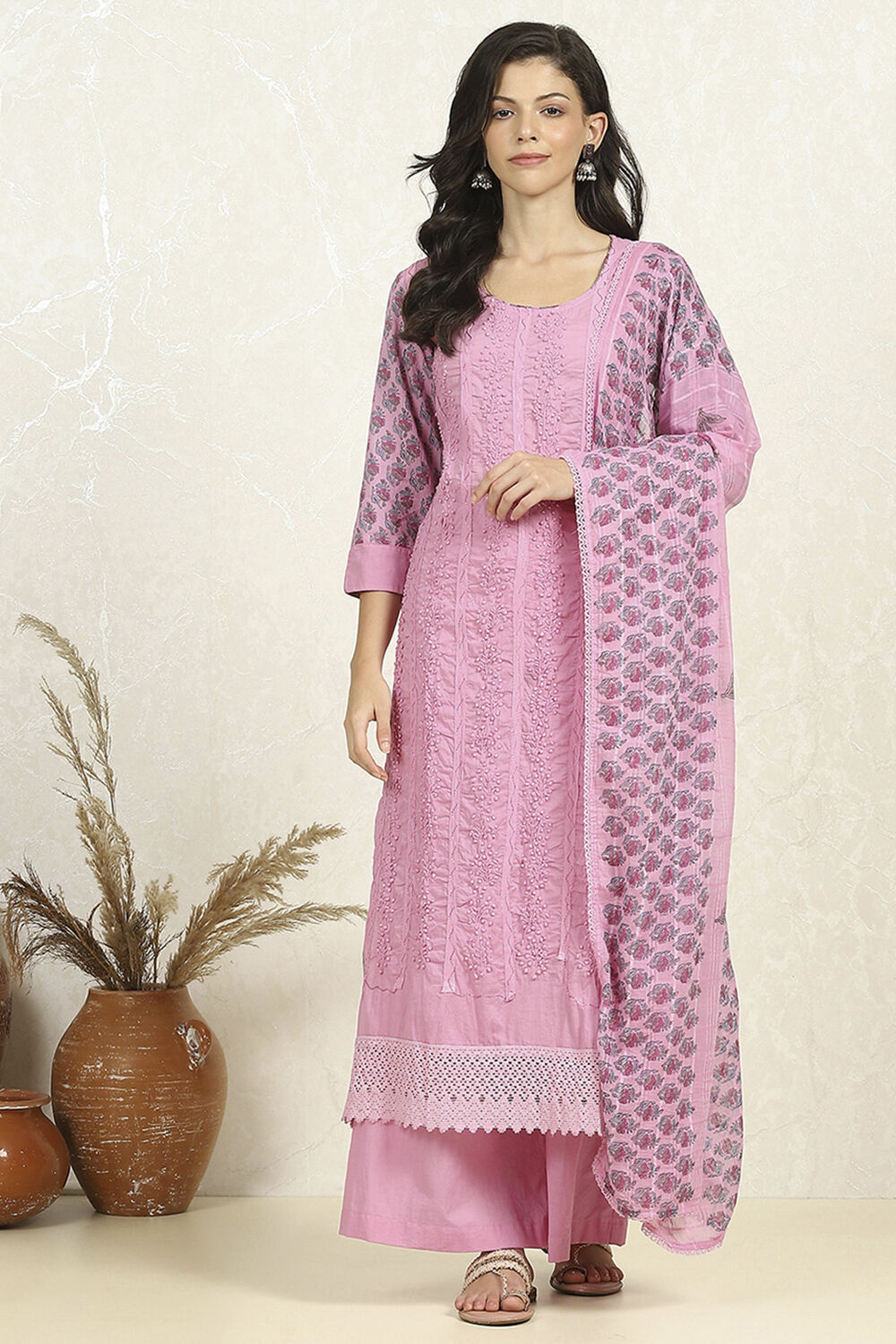 Purple Cotton Hand-Block Printed Unstitched Suit Set image number 7