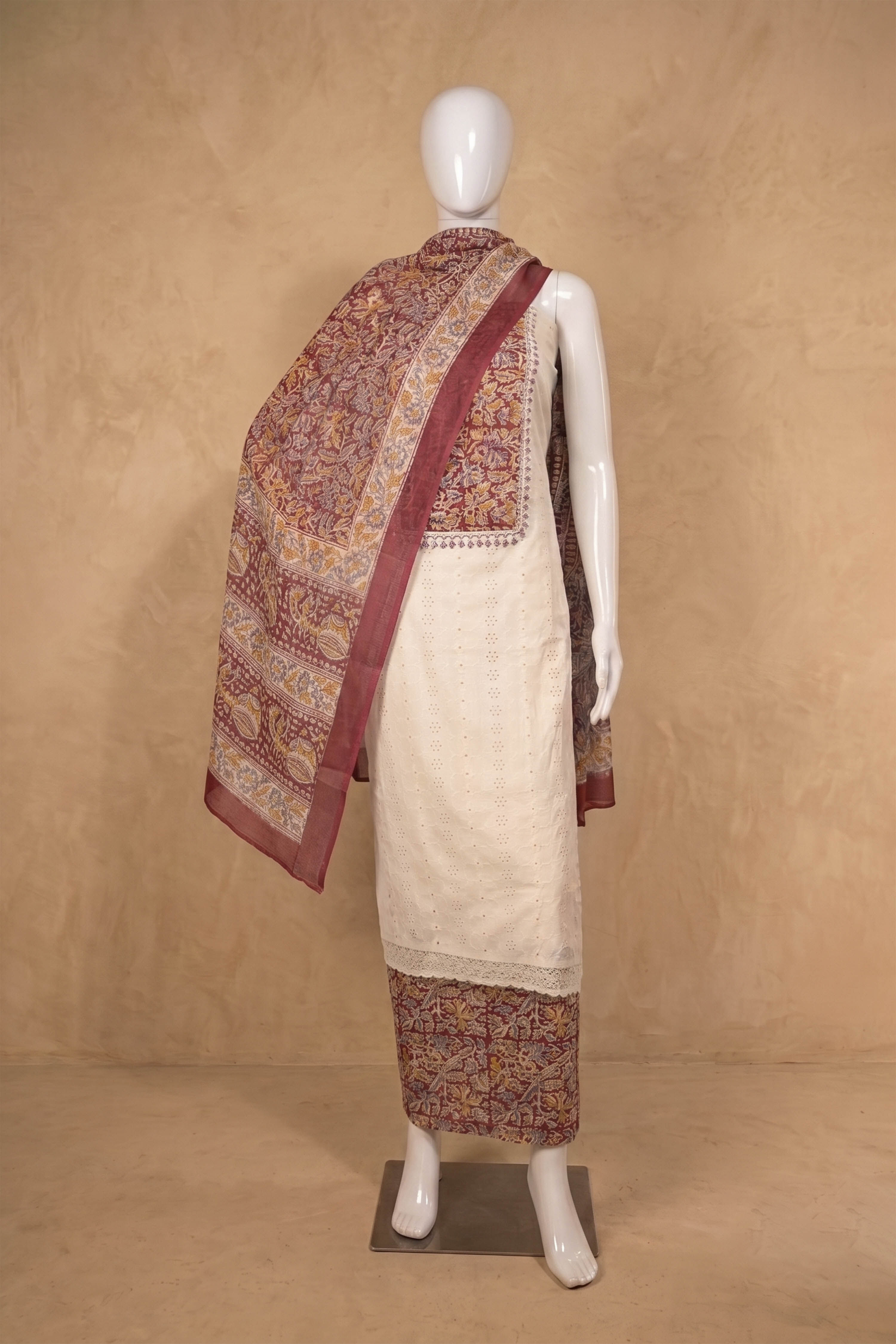 Maroon Cotton Printed Unstitched Suit Set image number 4