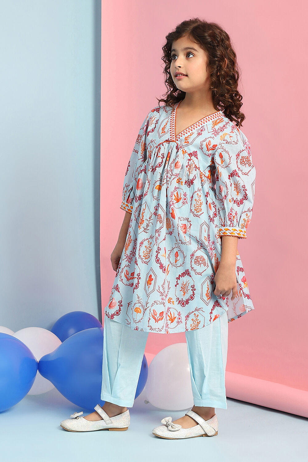 Sky Blue Cotton Floral Gathered Kurta Set image number 6