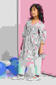 Sky Blue Cotton Floral Gathered Kurta Set image number 6