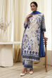 Off-White and Blue Cotton Straight Suit Set image number 0