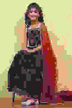 Black Polyester Printed Kalidar Lehenga Set image number 0