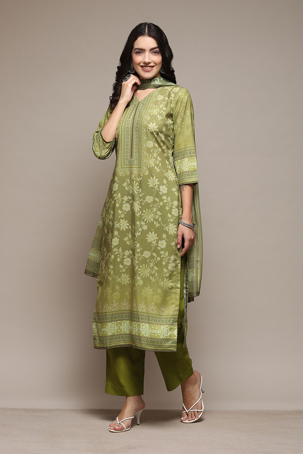 Olive Green Silk Blend Digital Print Unstitched Suit Set image number 5
