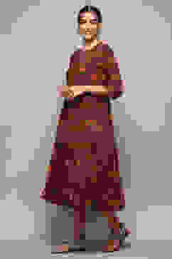 Green & Maroon Cotton Flared Printed Dress image number 2