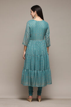 Sea Green Polyester Anarkali Kurta Churidar Suit Set image number 5