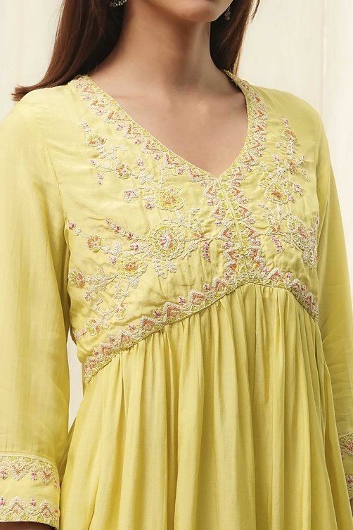 Lime Modal Blend Embroidered Gathered Suit Set image number 1