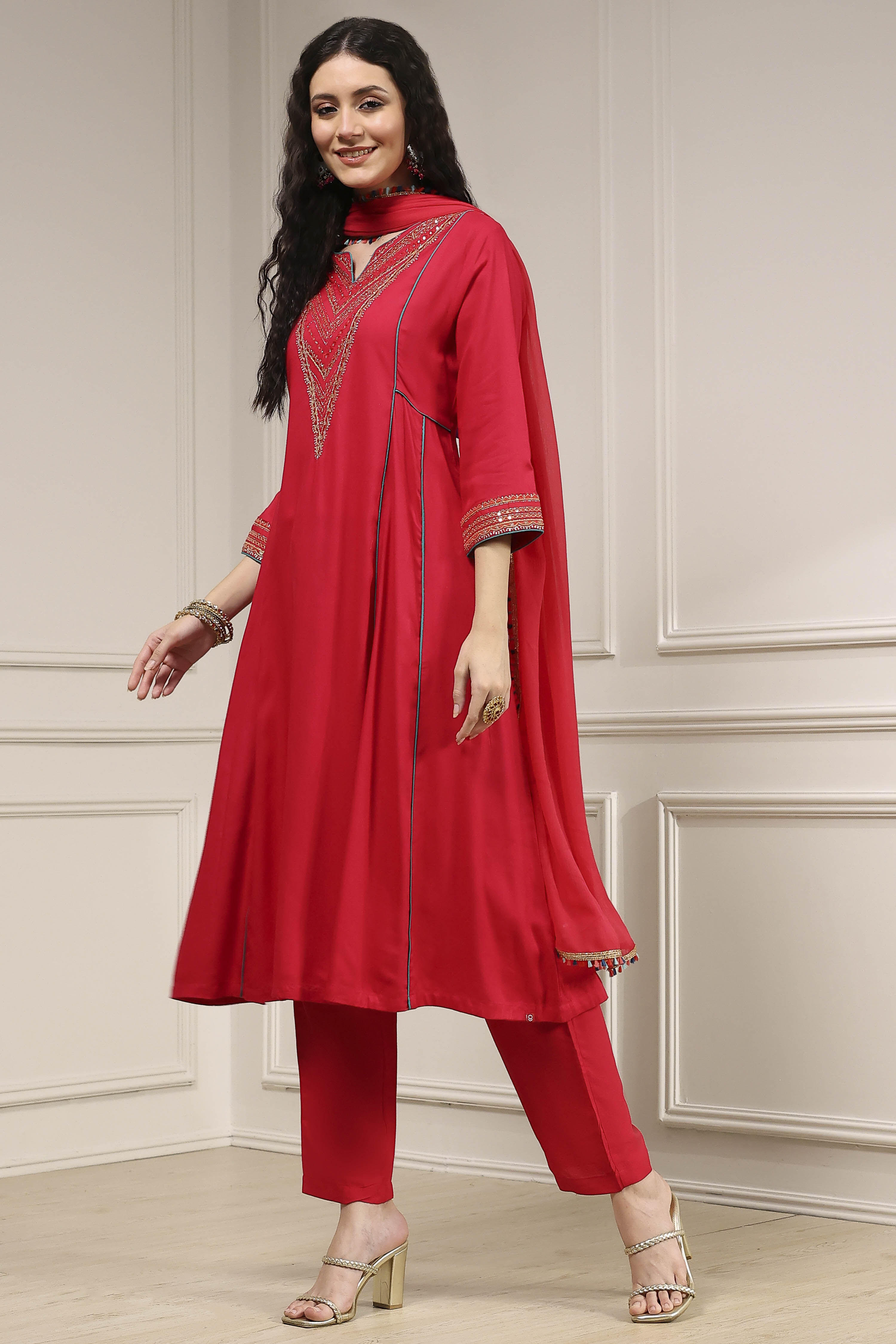 Teal Green Solid Kalidar Suit Set image number 3