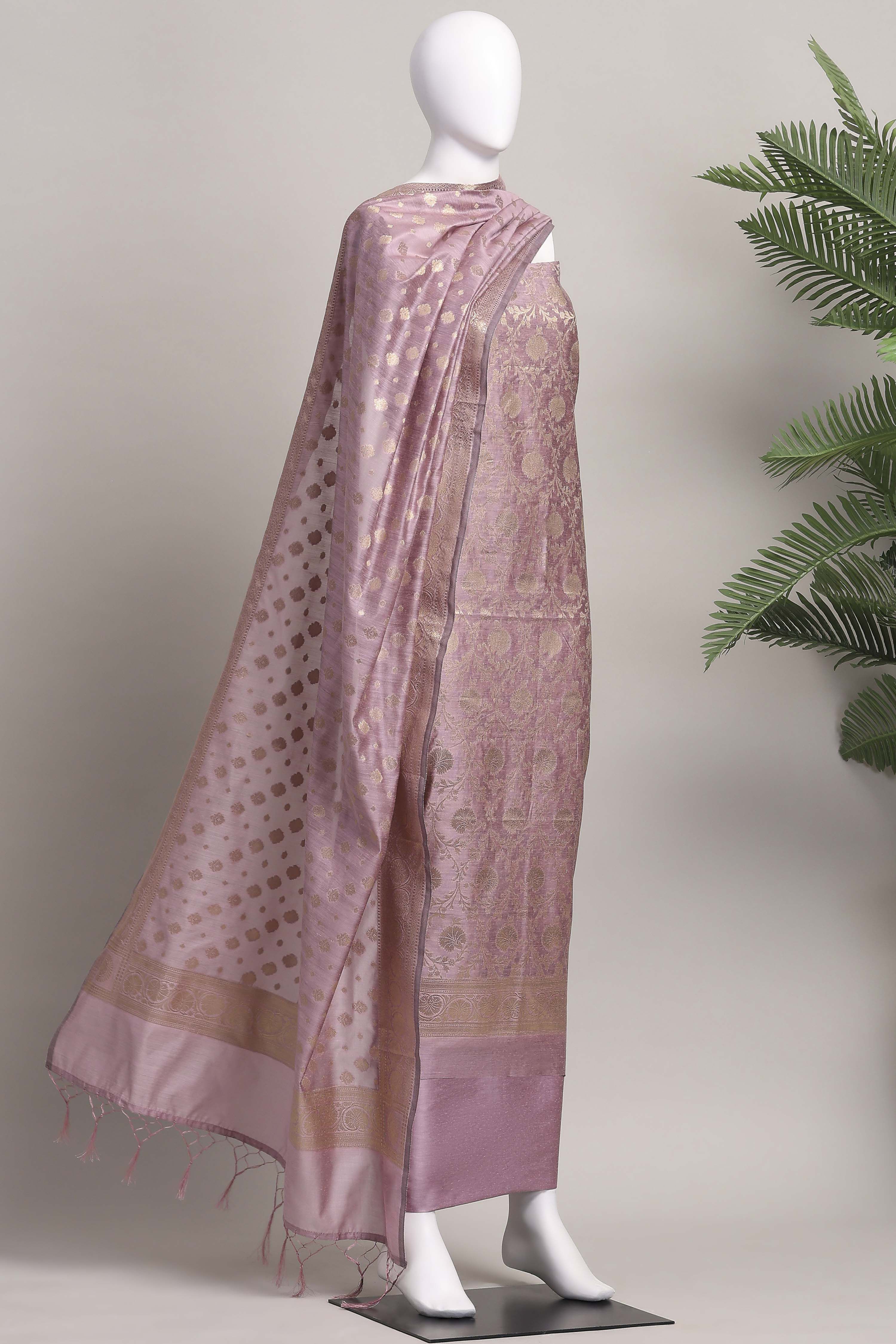 Dusty Mauve Banarasi Chanderi Banarasi Print Unstitched Suit Set image number 4