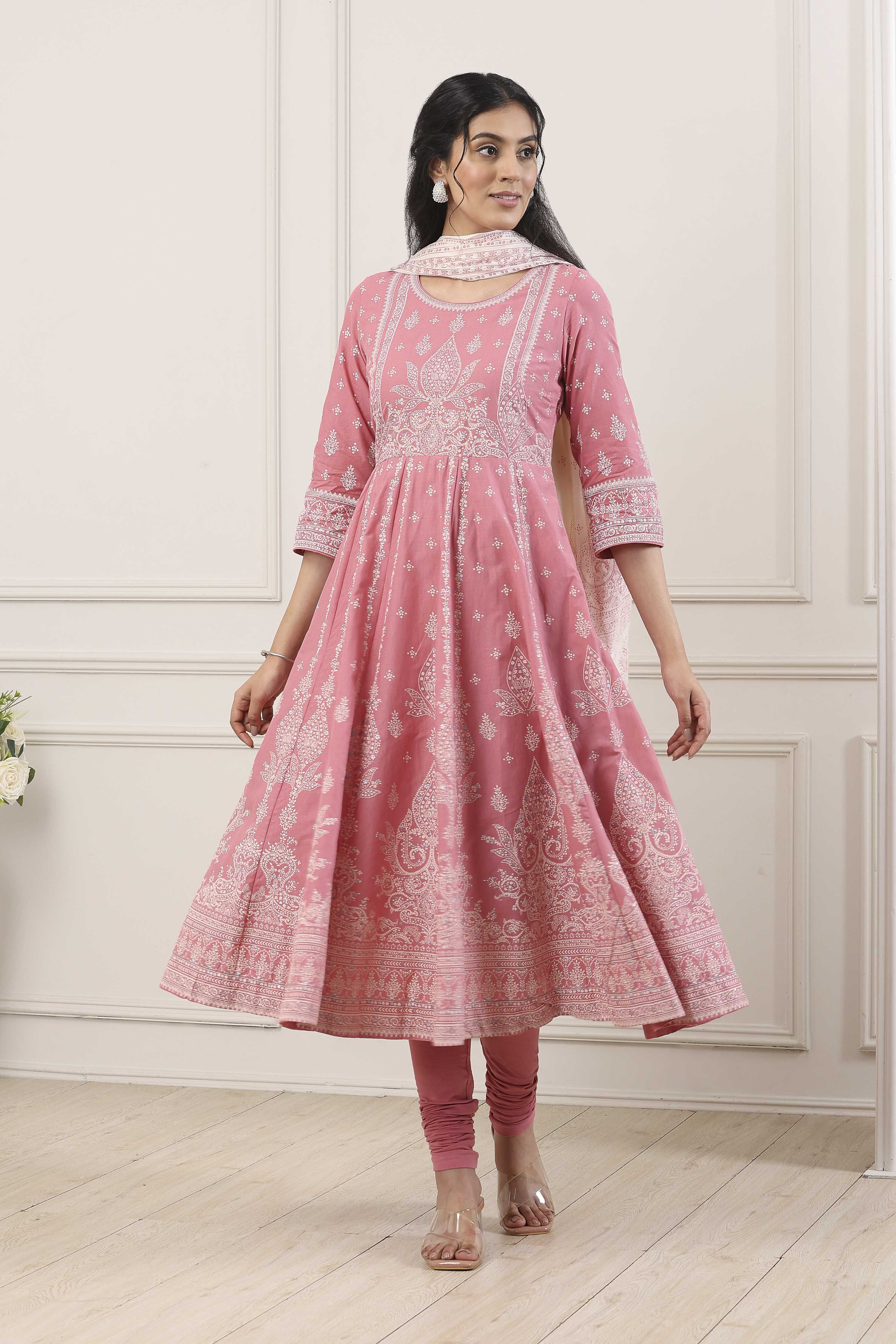 Pink Cotton Ethnic Motif Printed Anarkali Suit Set image number 6