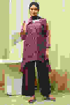 Maroon Chanderi Printed Embroidered Unstitched Suit Set image number 1