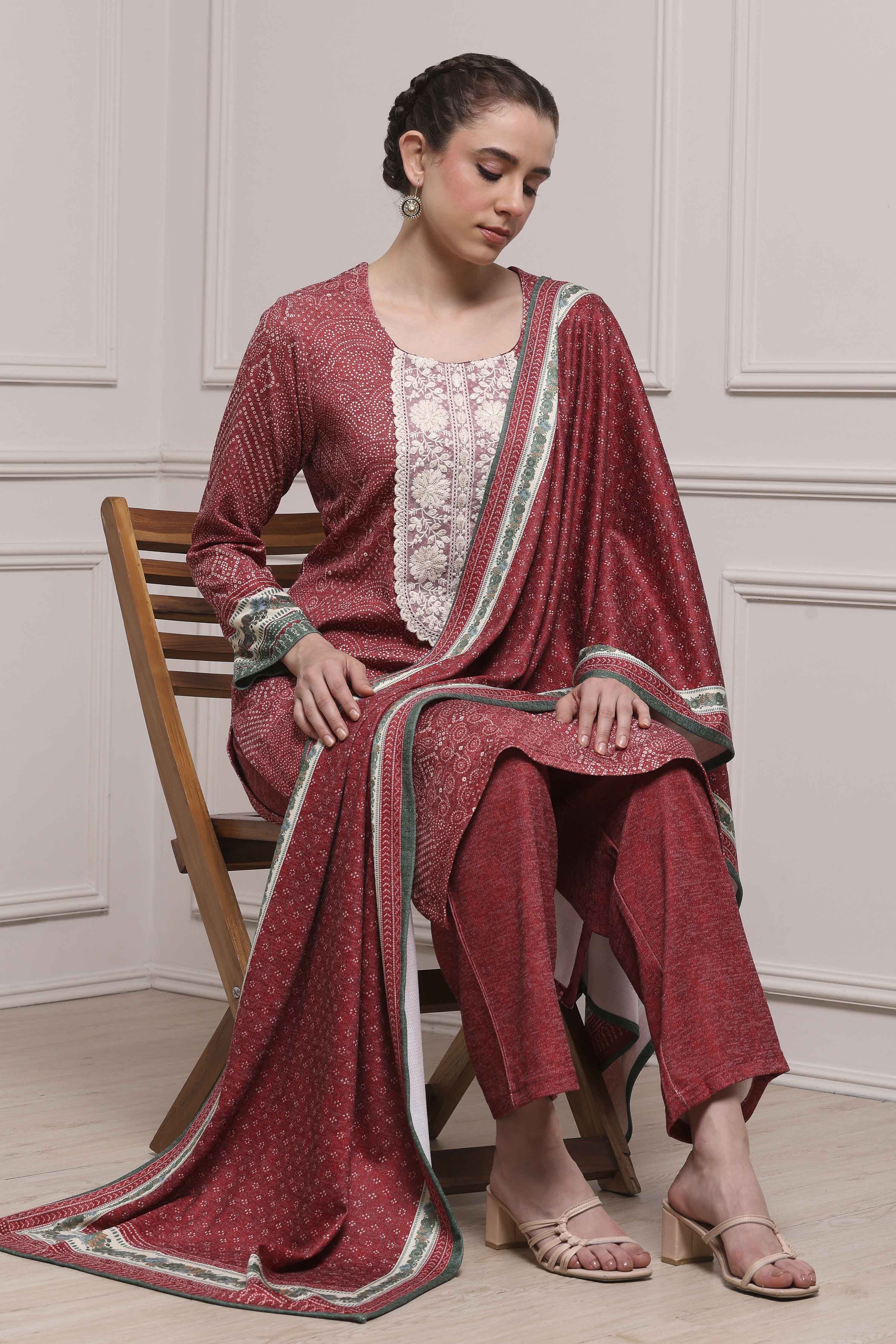 Black Printed Straight Winter Suit Set image number 0