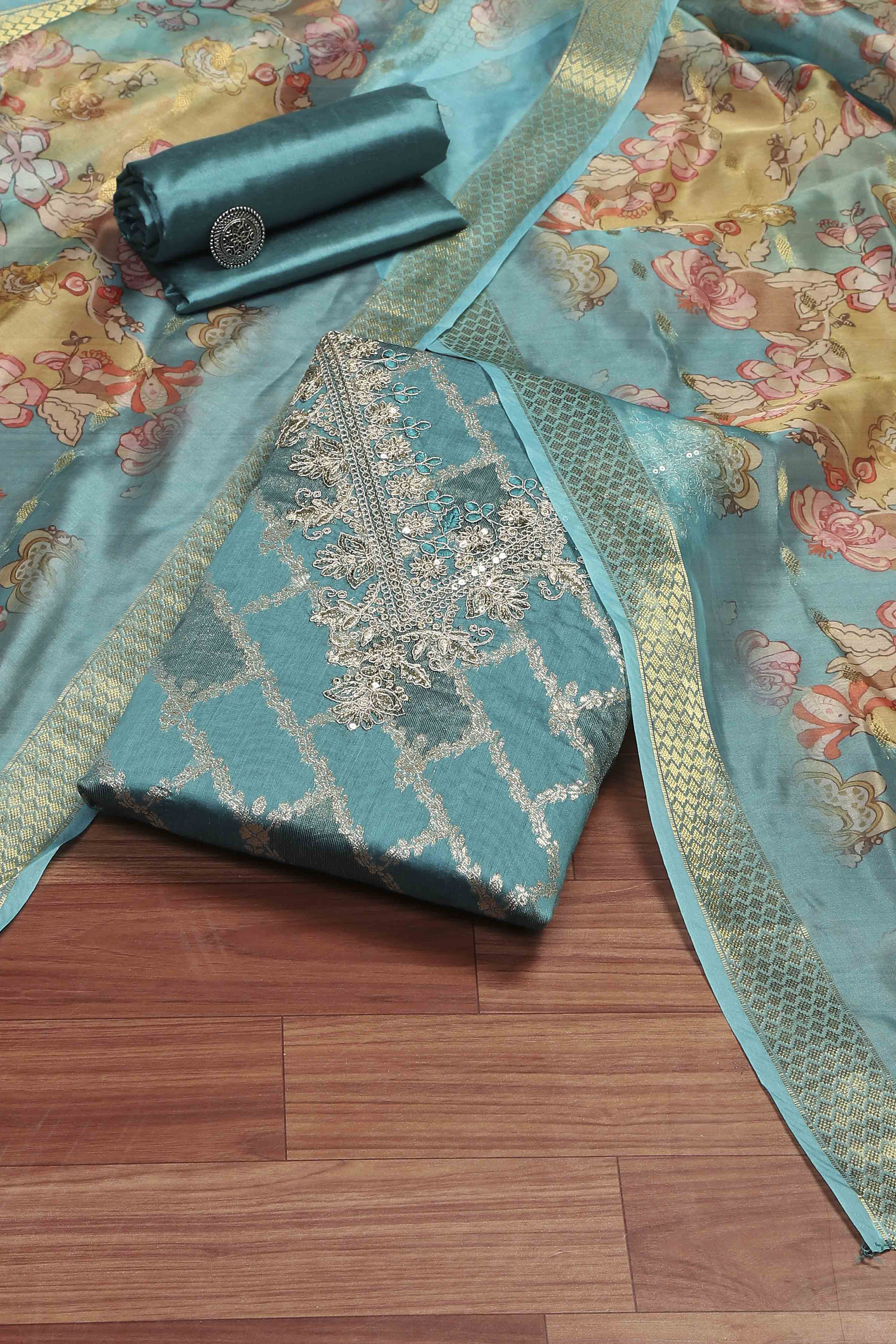 Olive Organza Unstitched Suit Set image number 0