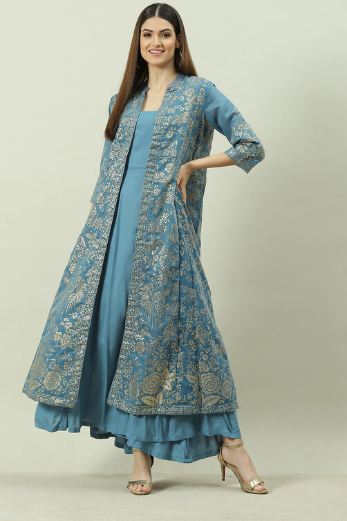 Charcoal Art Silk with Cape Printed Dress image number 7