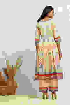 Ecru Cotton Geometric Printed Anarkali Suit Set image number 4