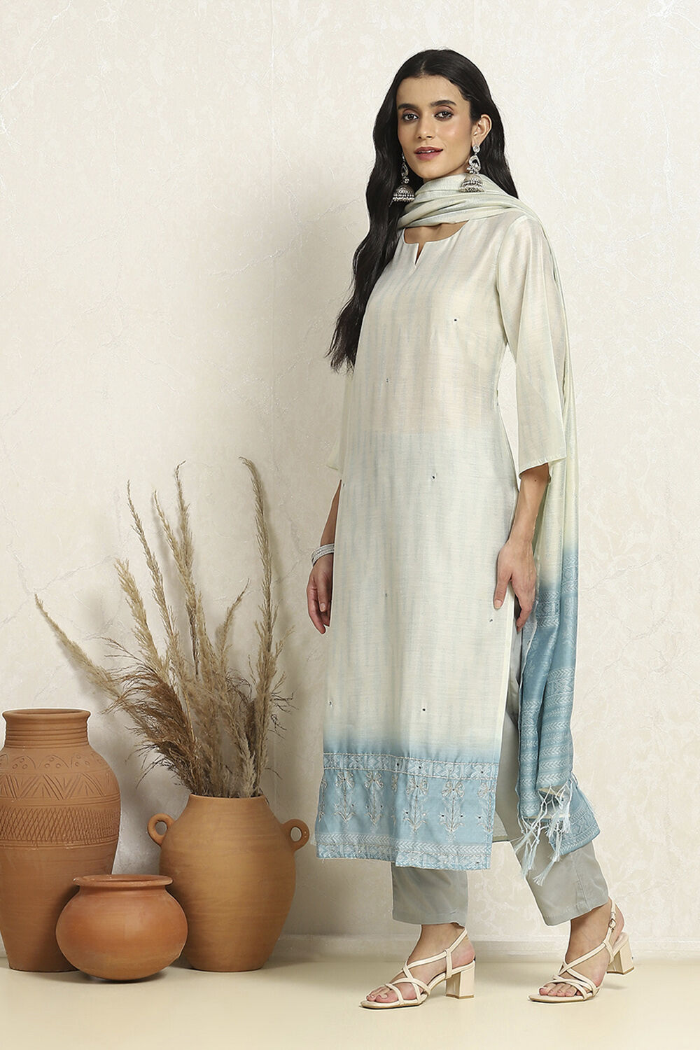 Orange Chanderi Woven Unstitched Suit Set image number 4