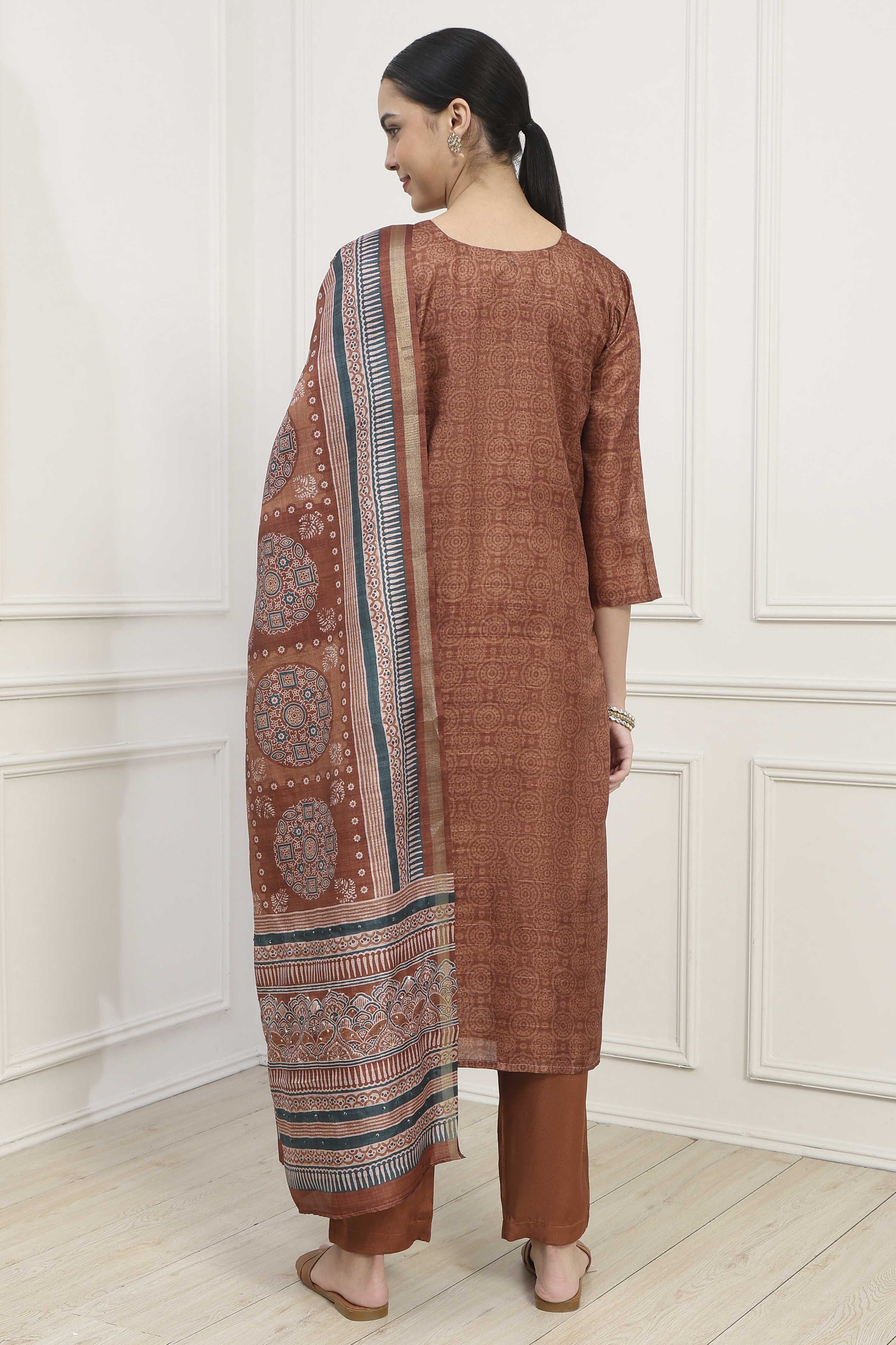 Mustard Silk Tussar Hand Embroidered Unstitched Suit Set image number 5