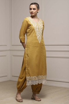 Yellow Cotton Blend Thread Embroidered Unstitched Suit Set image number 6