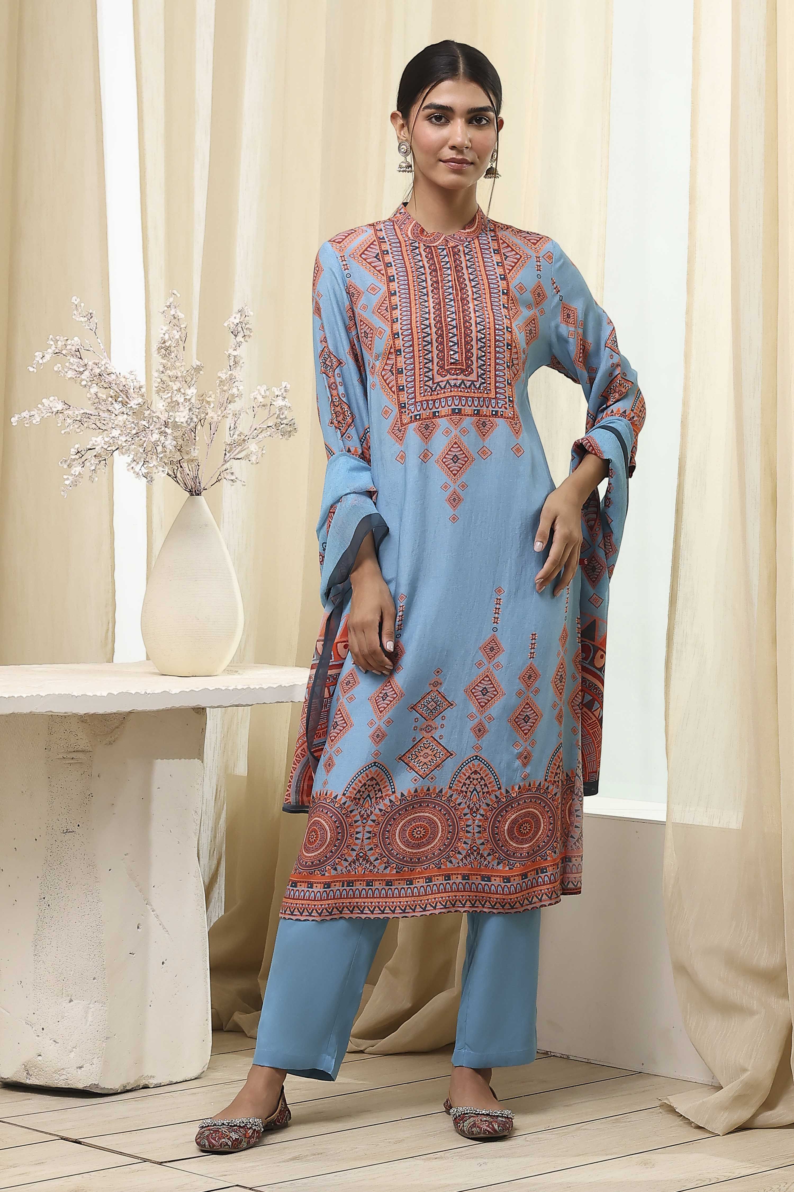 Dull Blue Printed Straight Suit Set image number 6