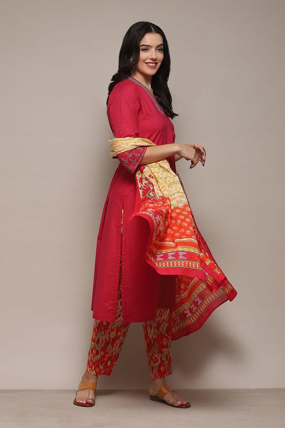 Coral Cotton Straight Kurta Pant Suit Set image number 6