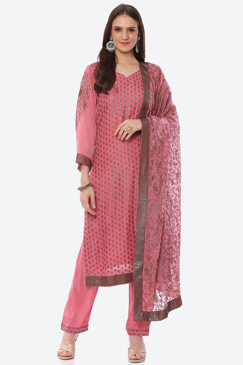 Pink Organza Satin Unstitched Suit Set image number 0