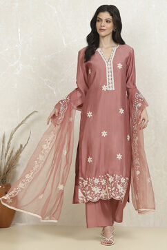 Peach-Pink Modal Machine Embroidered Unstitched Suit Set image number 7