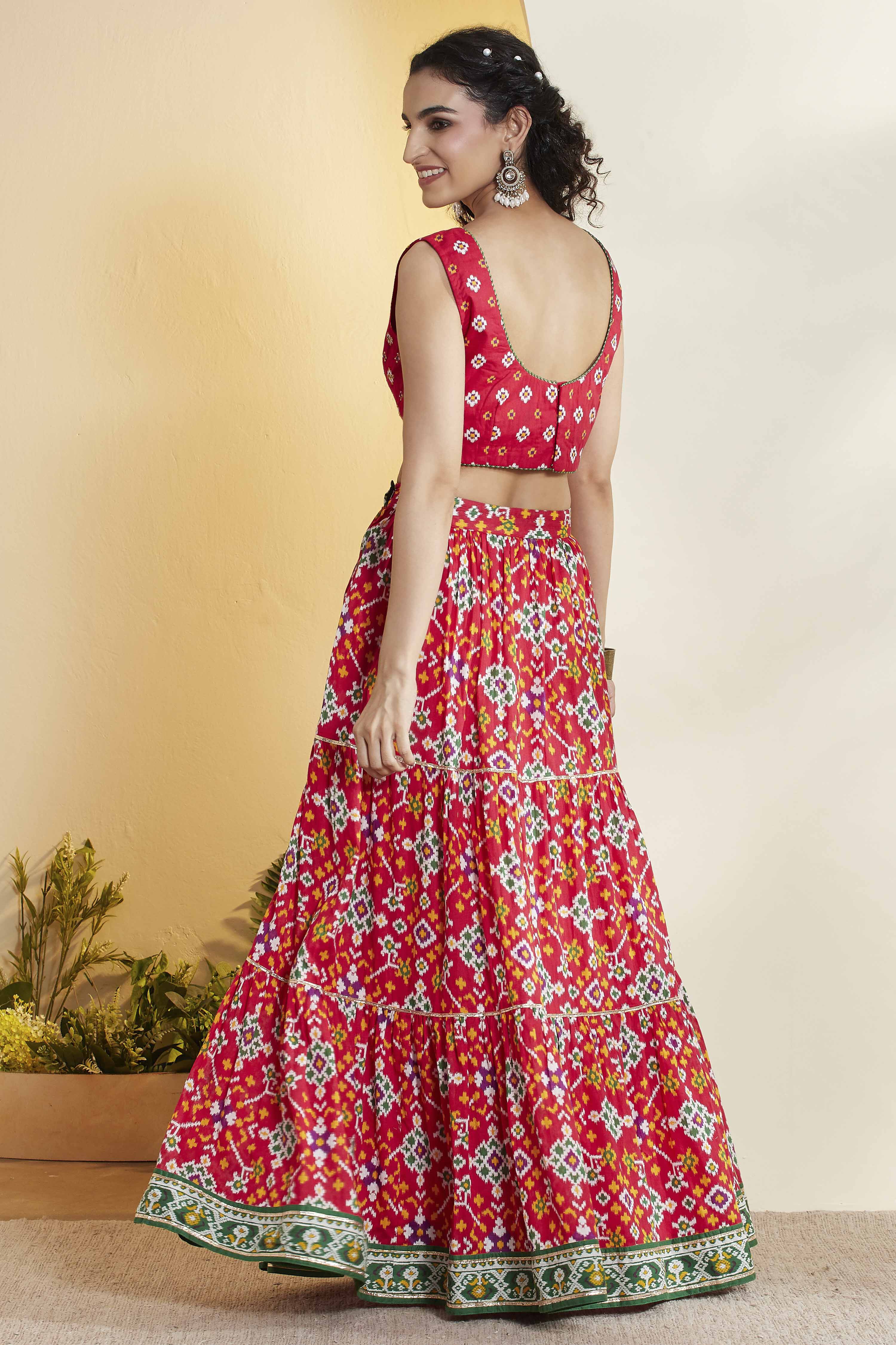 Red Cotton Gathered Lehenga Set image number 6