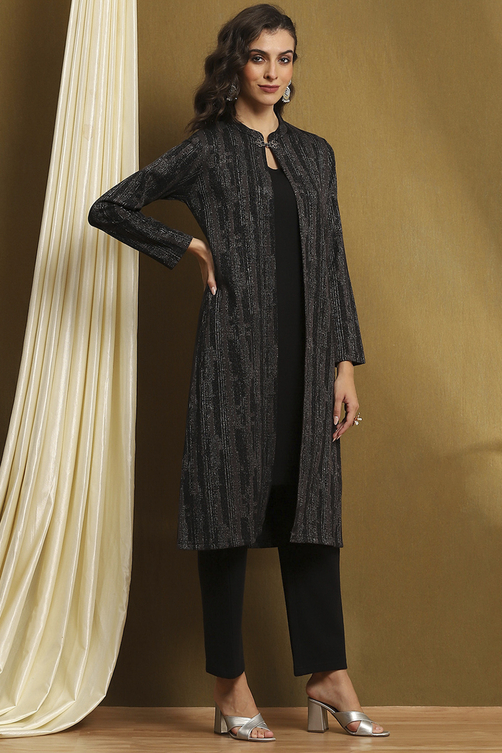 Black Polyester Straight Kurta Pants Set image number 5