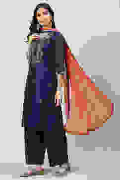 Navy Blue Art Silk Straight Kurta Palazzo Suit Set image number 0