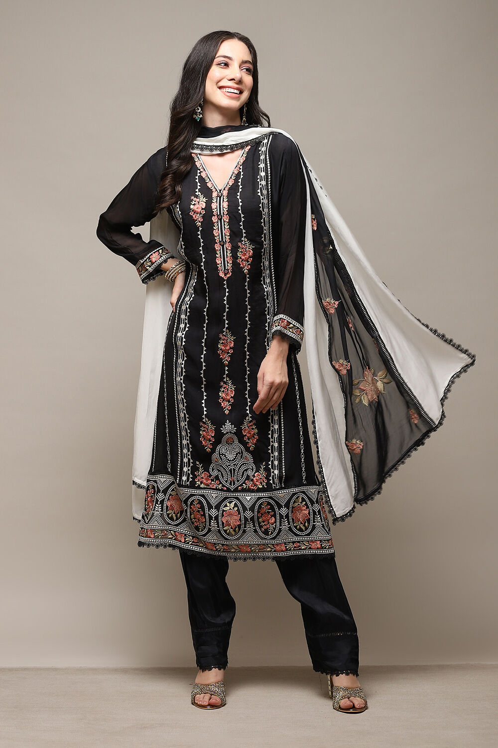 Black Organza Printed Unstitched Suit Set image number 1