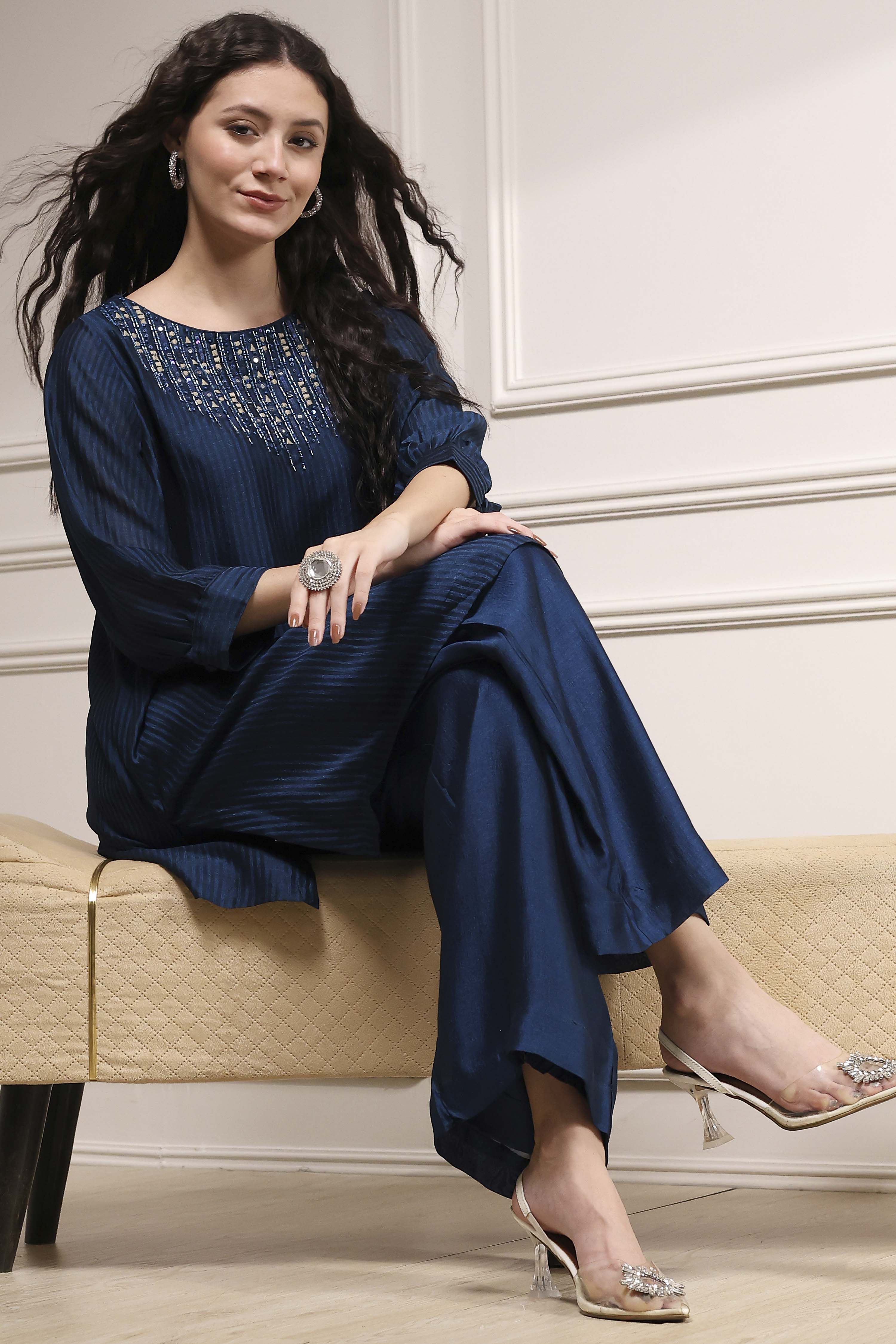Blue Self-Designed Straight Kurta Set image number 0