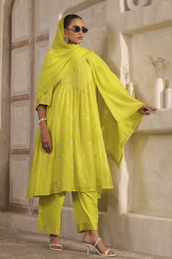 Lime Green Silk Gathered Yarndyed Suit Set image number 5