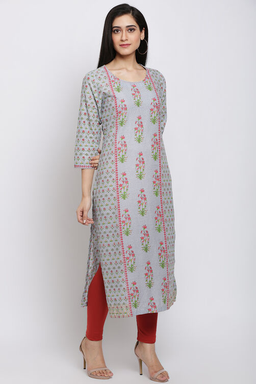 Grey Cotton Straight Printed Kurta image number 4
