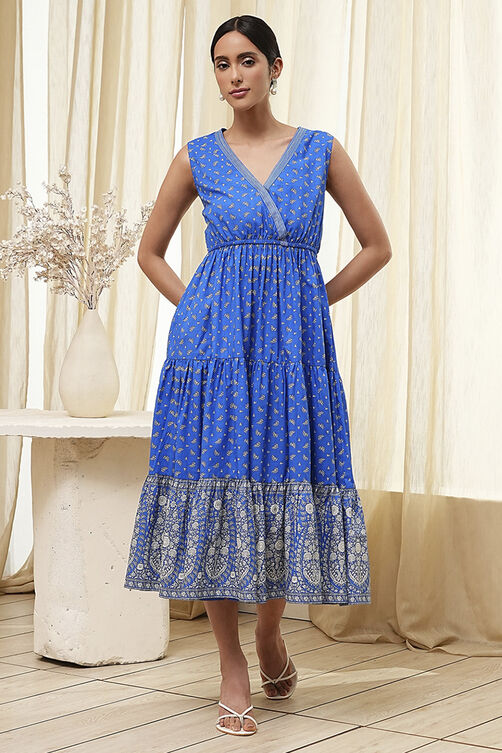 Blue Cotton Printed Tiered Dress image number 5